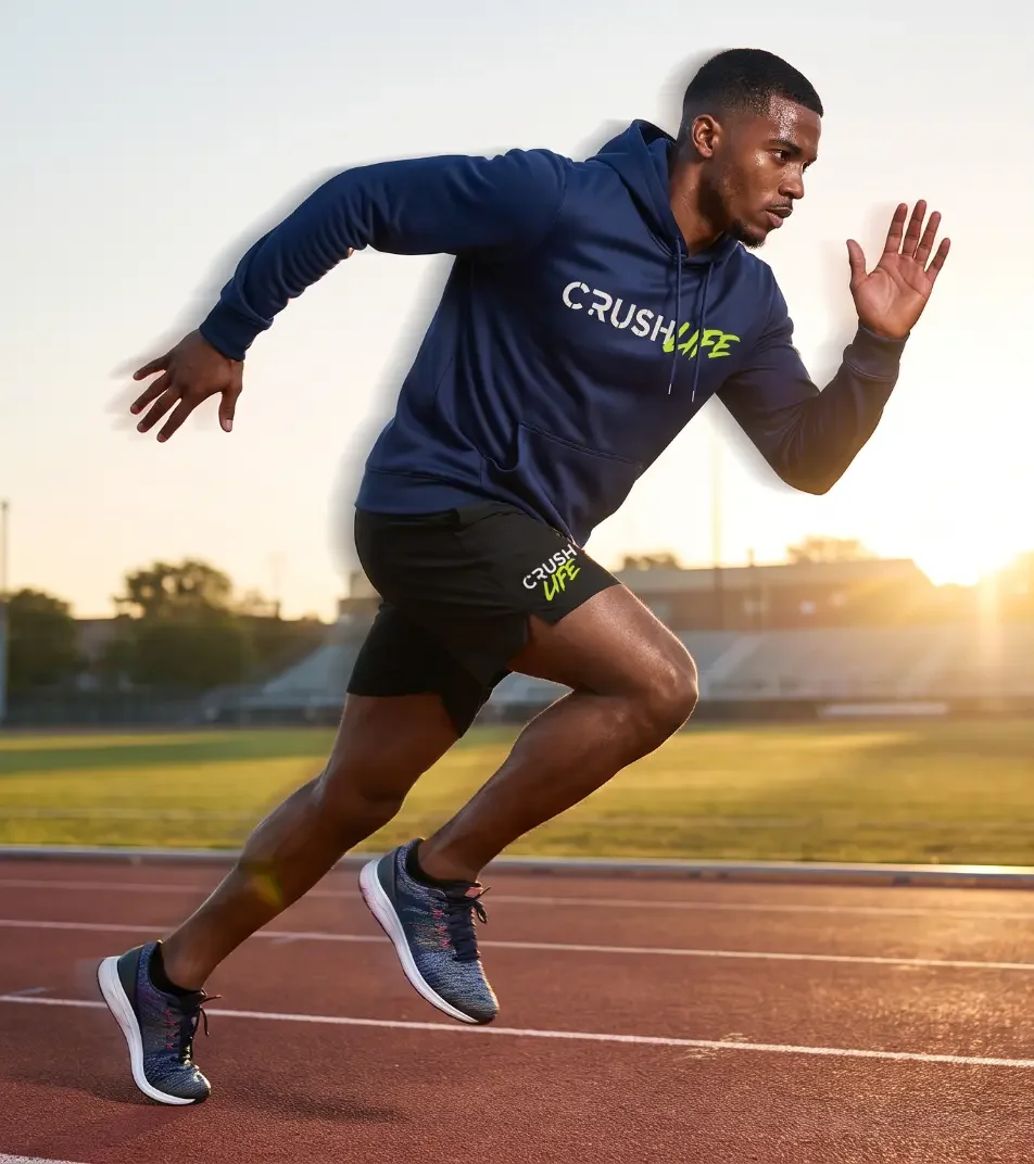 Sprinter on a track in a Crush Life hoodie